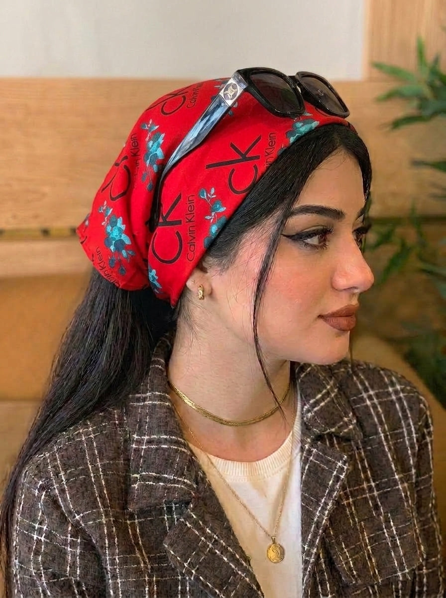 Bold Red Calvin Klein Style Hair Bandana Headband – Elastic Hair Wrap Kerchief