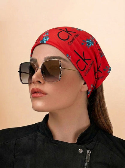 Bold Red Calvin Klein Style Hair Bandana Headband – Elastic Hair Wrap Kerchief