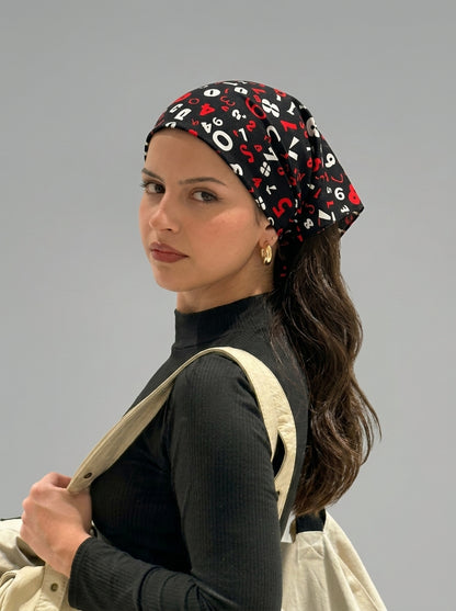 Black & Red Numeric Print Elastic Bandana Wrap | Stylish Anti-Frizz Hair Cover