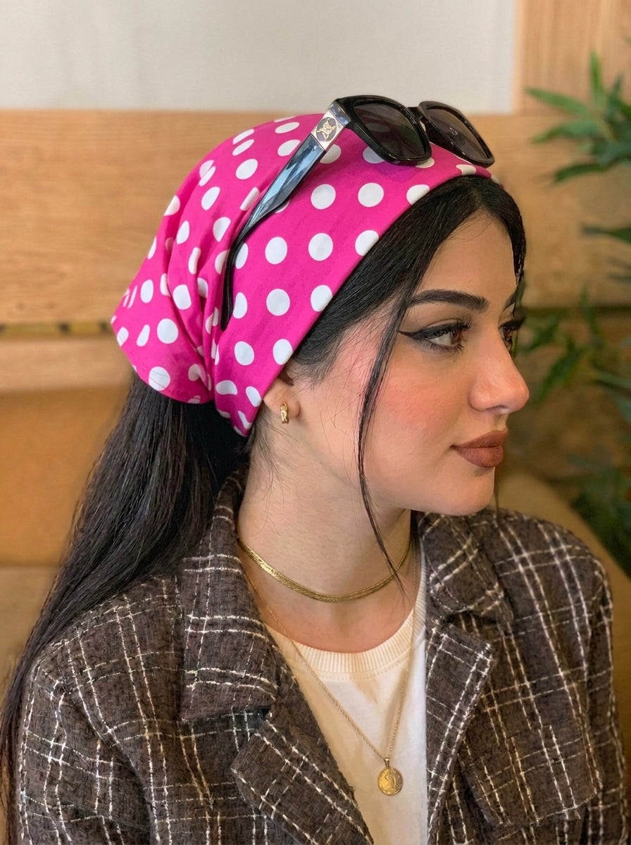 Fuchsia Polka Dot Hair Bandana Headband – Elastic Hair Wrap Kerchief