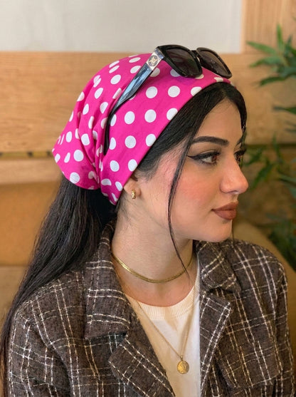 Fuchsia Polka Dot Hair Bandana Headband – Elastic Hair Wrap Kerchief