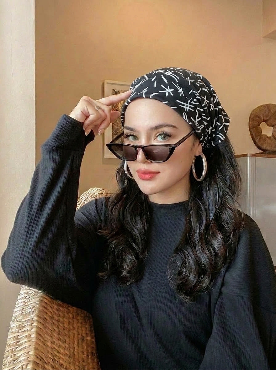 Black Abstract Hair Bandana Headband – Elastic Hair Wrap Kerchief