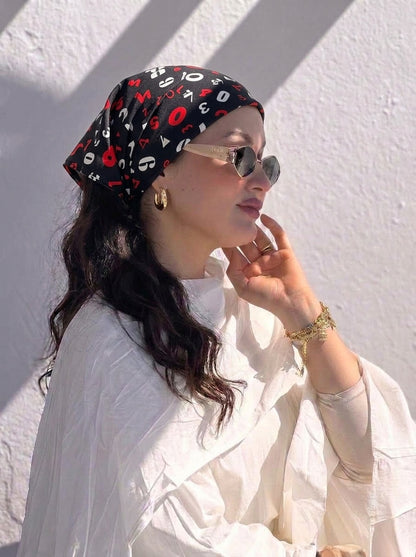 Black & Red Numeric Print Elastic Bandana Wrap | Stylish Anti-Frizz Hair Cover