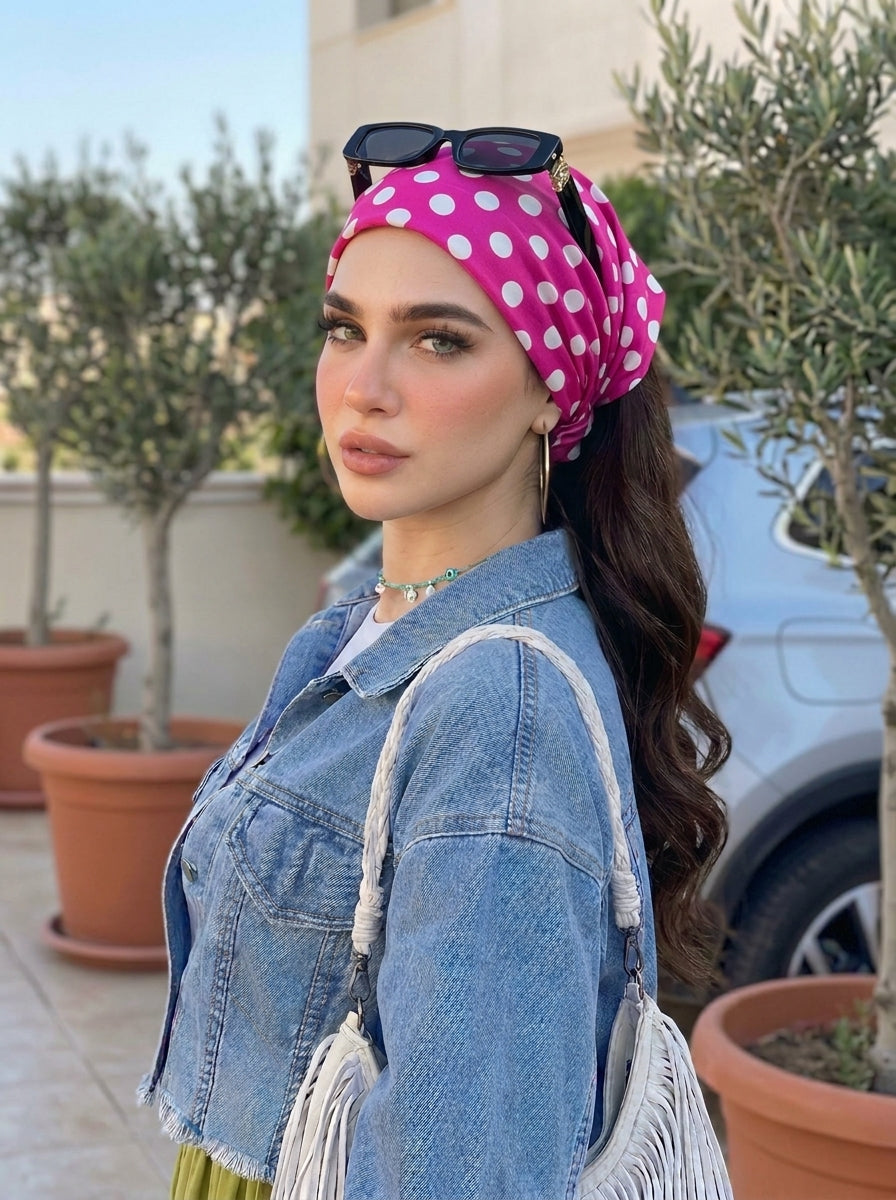 Fuchsia Polka Dot Hair Bandana Headband – Elastic Hair Wrap Kerchief