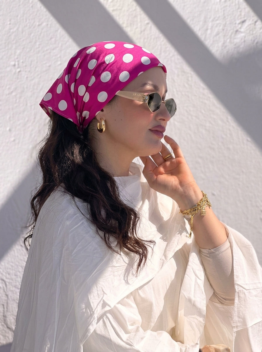 Fuchsia Polka Dot Hair Bandana Headband – Elastic Hair Wrap Kerchief