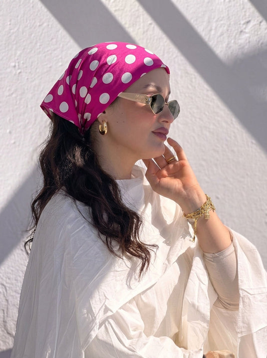 Fuchsia Polka Dot Hair Bandana Headband – Elastic Hair Wrap Kerchief
