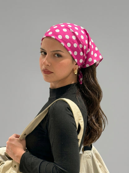 Fuchsia Polka Dot Hair Bandana Headband – Elastic Hair Wrap Kerchief