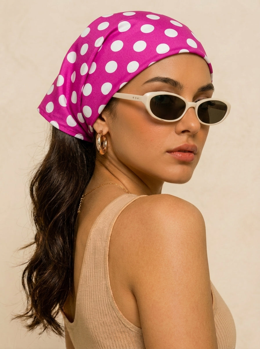 Fuchsia Polka Dot Hair Bandana Headband – Elastic Hair Wrap Kerchief