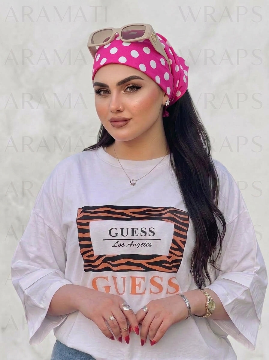 Fuchsia Polka Dot Hair Bandana Headband – Elastic Hair Wrap Kerchief