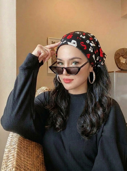 Black & Red Numeric Print Elastic Bandana Wrap | Stylish Anti-Frizz Hair Cover