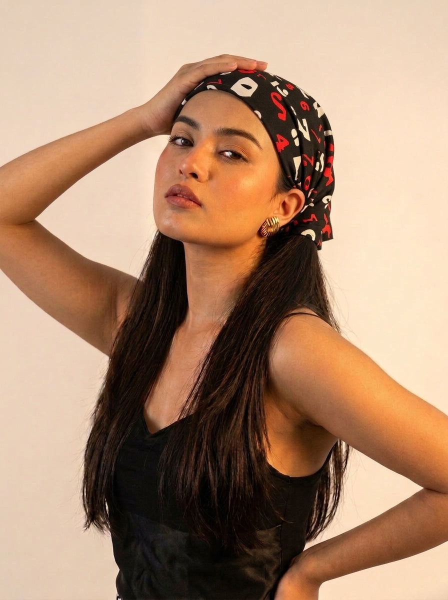 Black & Red Numeric Print Elastic Bandana Wrap | Stylish Anti-Frizz Hair Cover