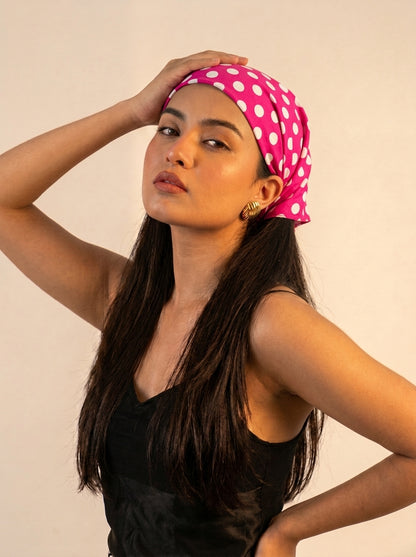 Fuchsia Polka Dot Hair Bandana Headband – Elastic Hair Wrap Kerchief