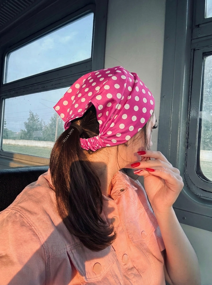 Fuchsia Polka Dot Hair Bandana Headband – Elastic Hair Wrap Kerchief