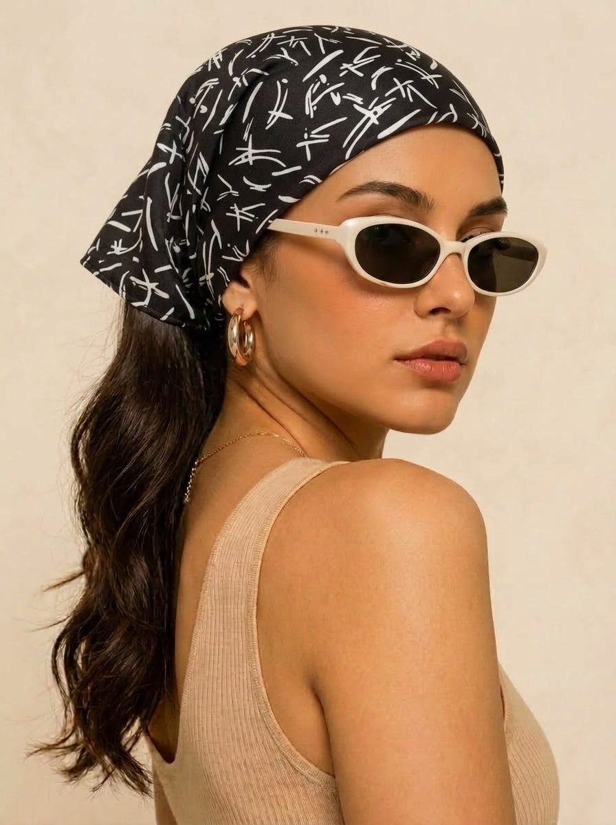 Black Abstract Hair Bandana Headband – Elastic Hair Wrap Kerchief