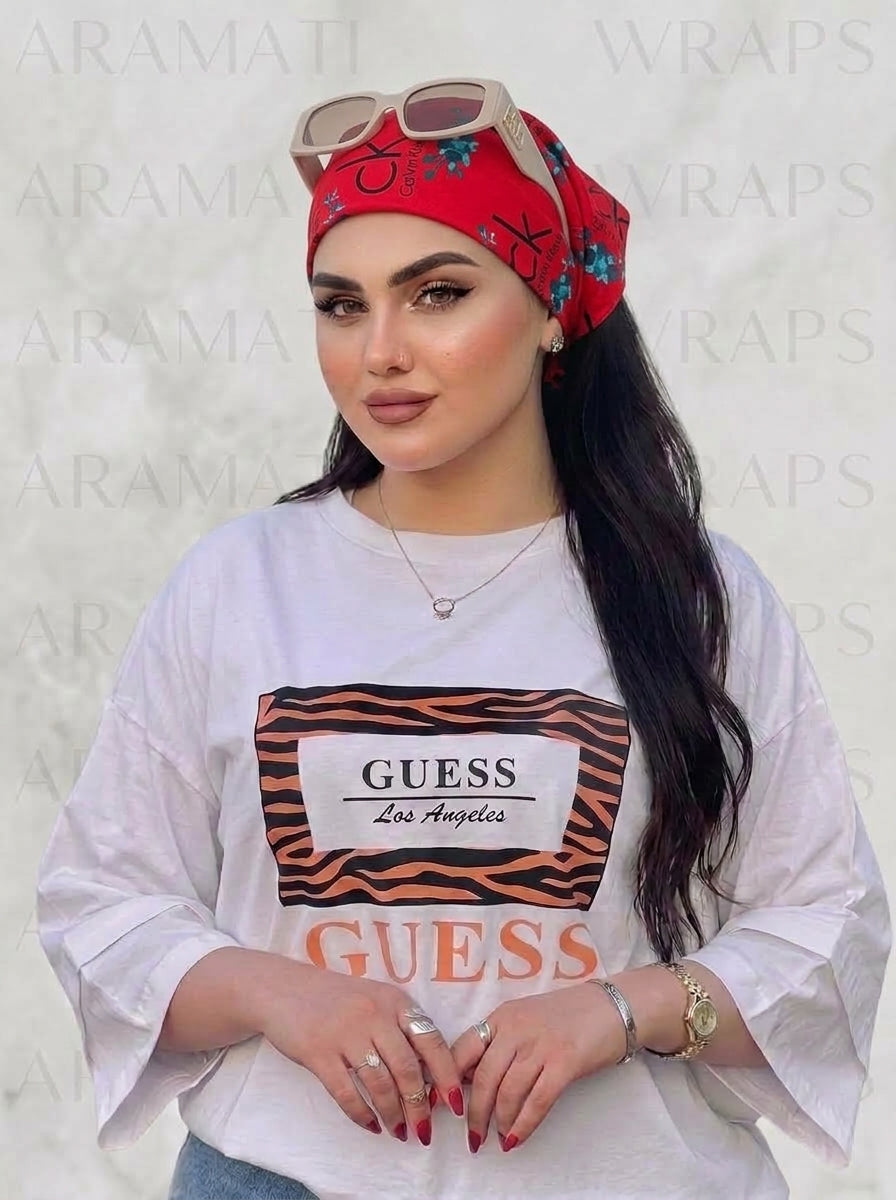 Bold Red Calvin Klein Style Hair Bandana Headband – Elastic Hair Wrap Kerchief