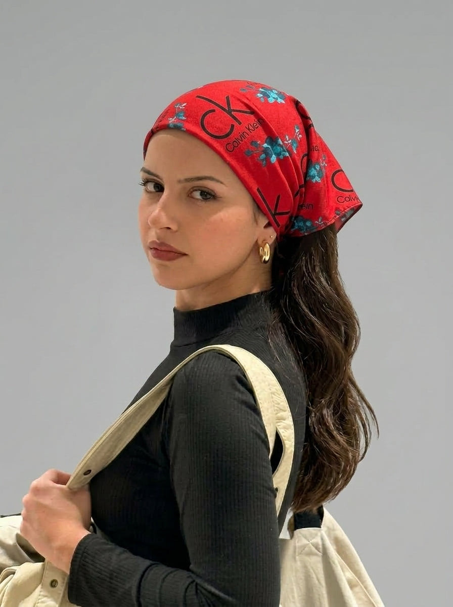 Bold Red Calvin Klein Style Hair Bandana Headband – Elastic Hair Wrap Kerchief