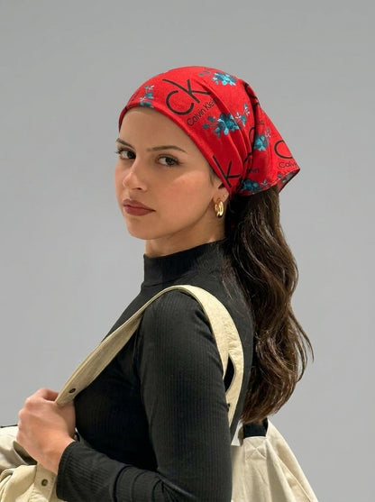 Bold Red Calvin Klein Style Hair Bandana Headband – Elastic Hair Wrap Kerchief