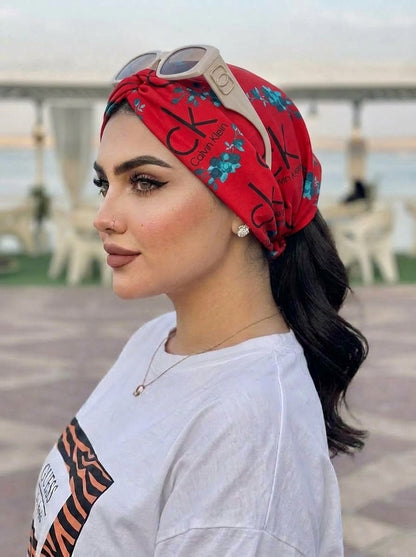Bold Red Calvin Klein Style Hair Bandana Headband – Elastic Hair Wrap Kerchief