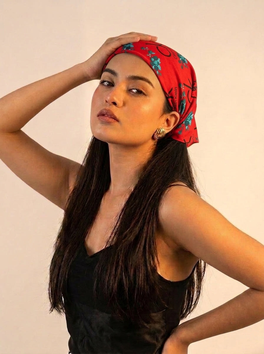 Bold Red Calvin Klein Style Hair Bandana Headband – Elastic Hair Wrap Kerchief
