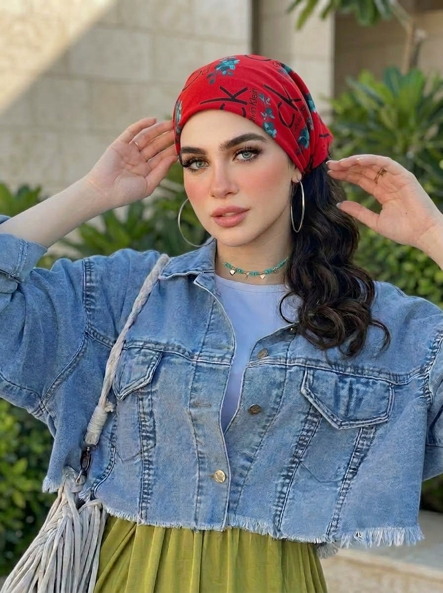 Bold Red Calvin Klein Style Hair Bandana Headband – Elastic Hair Wrap Kerchief
