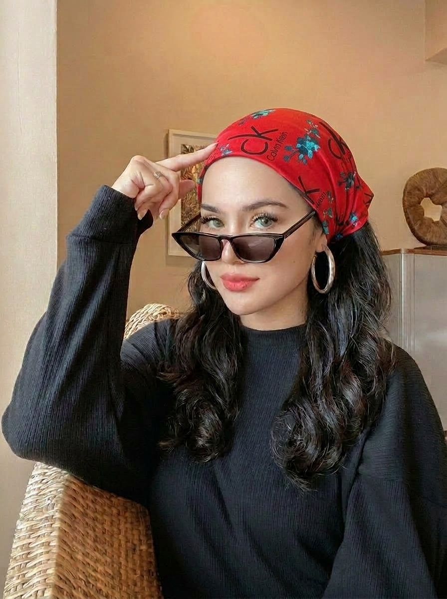 Bold Red Calvin Klein Style Hair Bandana Headband – Elastic Hair Wrap Kerchief