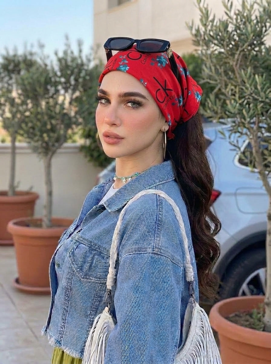 Bold Red Calvin Klein Style Hair Bandana Headband – Elastic Hair Wrap Kerchief