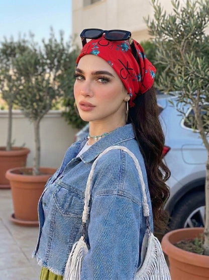 Bold Red Calvin Klein Style Hair Bandana Headband – Elastic Hair Wrap Kerchief