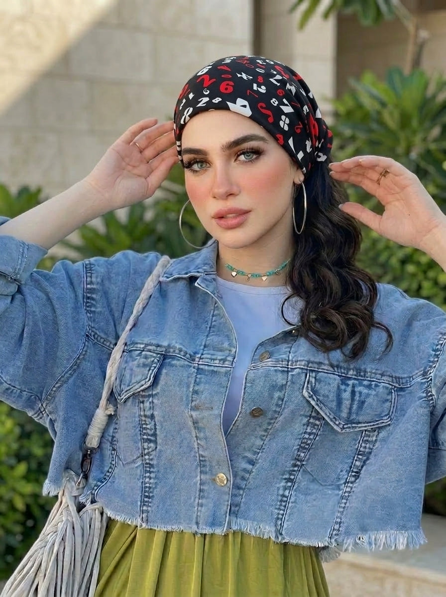 Black & Red Numeric Print Elastic Bandana Wrap | Stylish Anti-Frizz Hair Cover