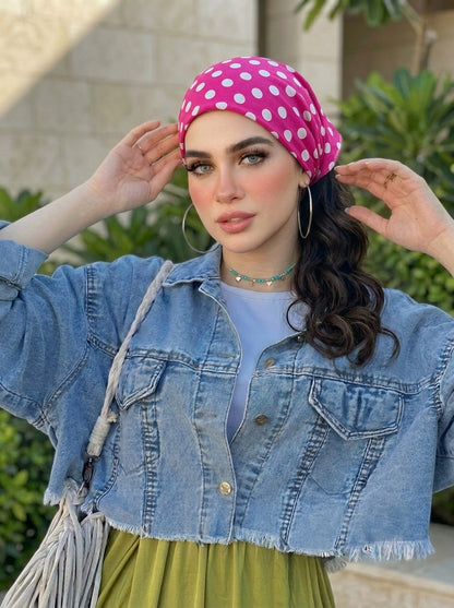 Fuchsia Polka Dot Hair Bandana Headband – Elastic Hair Wrap Kerchief