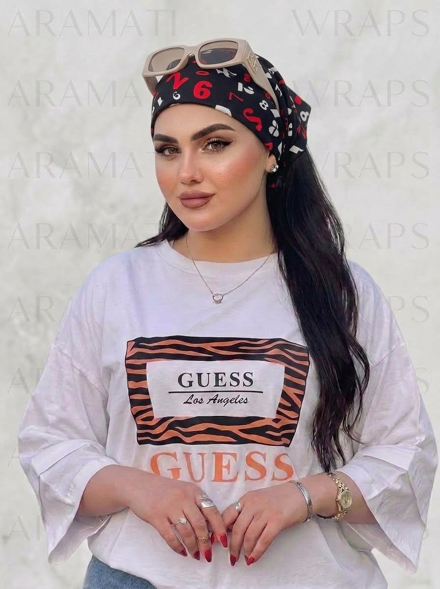 Black & Red Numeric Print Elastic Bandana Wrap | Stylish Anti-Frizz Hair Cover