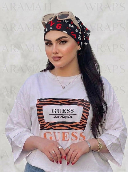 Black & Red Numeric Print Elastic Bandana Wrap | Stylish Anti-Frizz Hair Cover