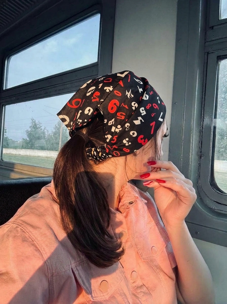 Black & Red Numeric Print Elastic Bandana Wrap | Stylish Anti-Frizz Hair Cover