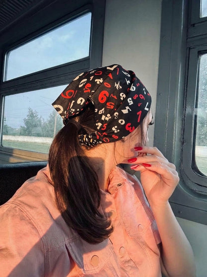 Black & Red Numeric Print Elastic Bandana Wrap | Stylish Anti-Frizz Hair Cover
