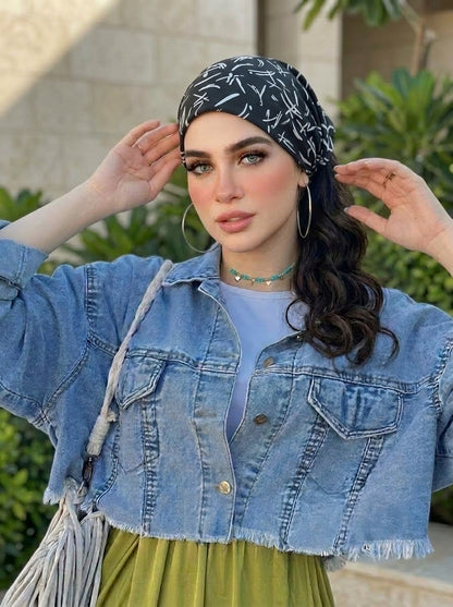 Black Abstract Hair Bandana Headband – Elastic Hair Wrap Kerchief