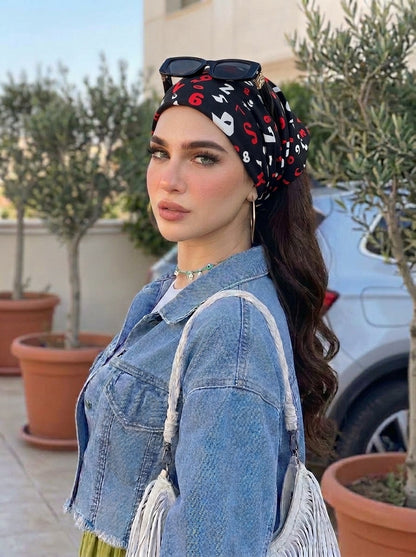Black & Red Numeric Print Elastic Bandana Wrap | Stylish Anti-Frizz Hair Cover