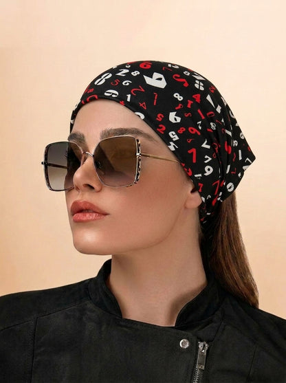 Black & Red Numeric Print Elastic Bandana Wrap | Stylish Anti-Frizz Hair Cover