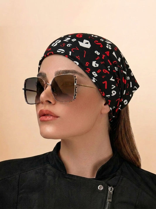 Black & Red Numeric Print Elastic Bandana Wrap | Stylish Anti-Frizz Hair Cover