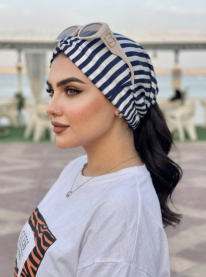 French Striped Hair Bandana Headband – Elastic Silk Satin Hair Wrap Kerchief