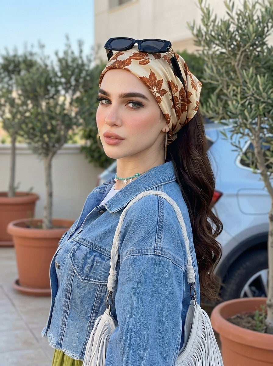 Vintage Brown Elastic Hair Bandana – Boho Elastic Headband & Head Wrap