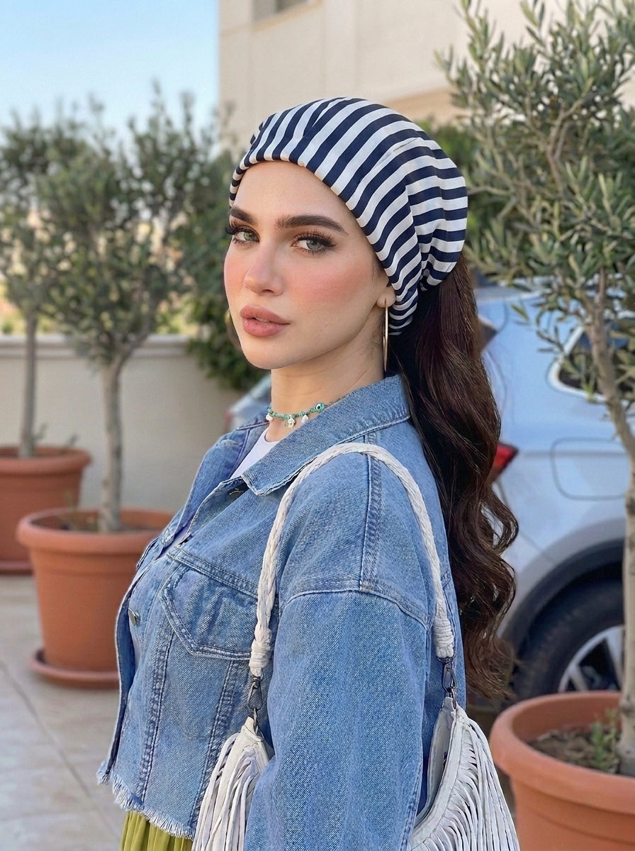 French Striped Hair Bandana Headband – Elastic Silk Satin Hair Wrap Kerchief