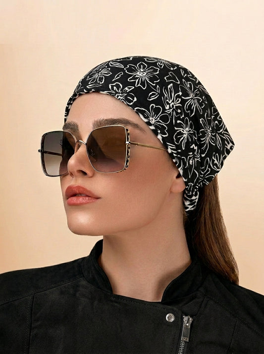 Retro Floral Outline Print Hair Bandana – Boho Elastic Headband & Head Wrap