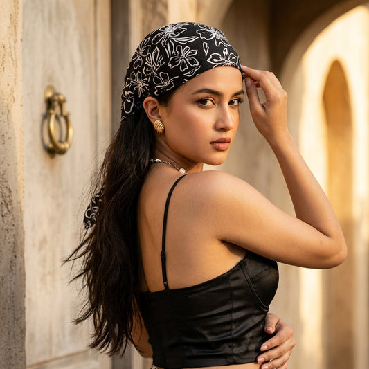 Retro Floral Outline Print Hair Bandana – Boho Elastic Headband & Head Wrap