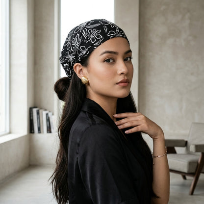 Retro Floral Outline Print Hair Bandana – Boho Elastic Headband & Head Wrap