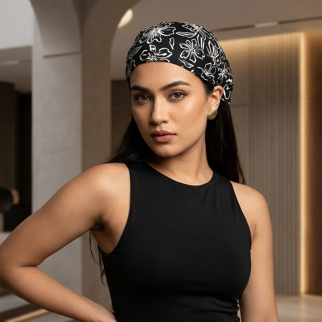 Retro Floral Outline Print Hair Bandana – Boho Elastic Headband & Head Wrap