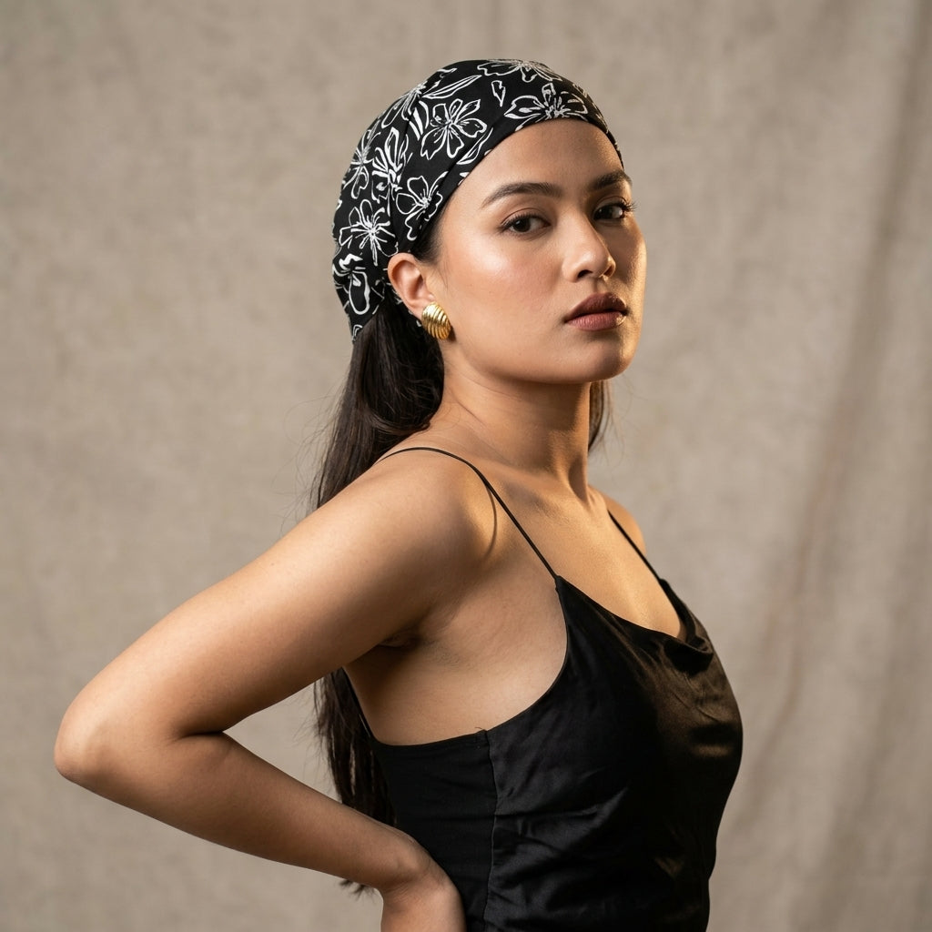 Retro Floral Outline Print Hair Bandana – Boho Elastic Headband & Head Wrap