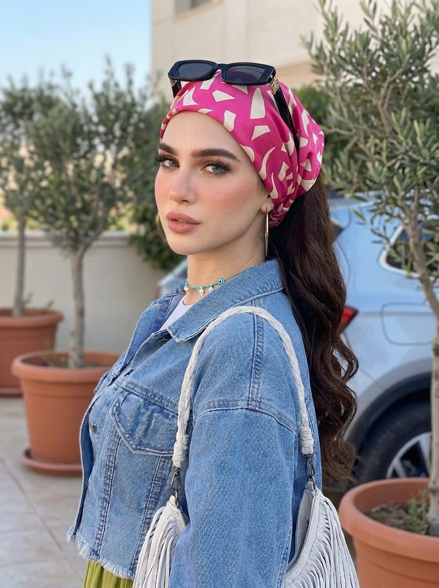 Vibrant Pink Mosaic Hair Bandana Headband – Elastic Hair Wrap Kerchief