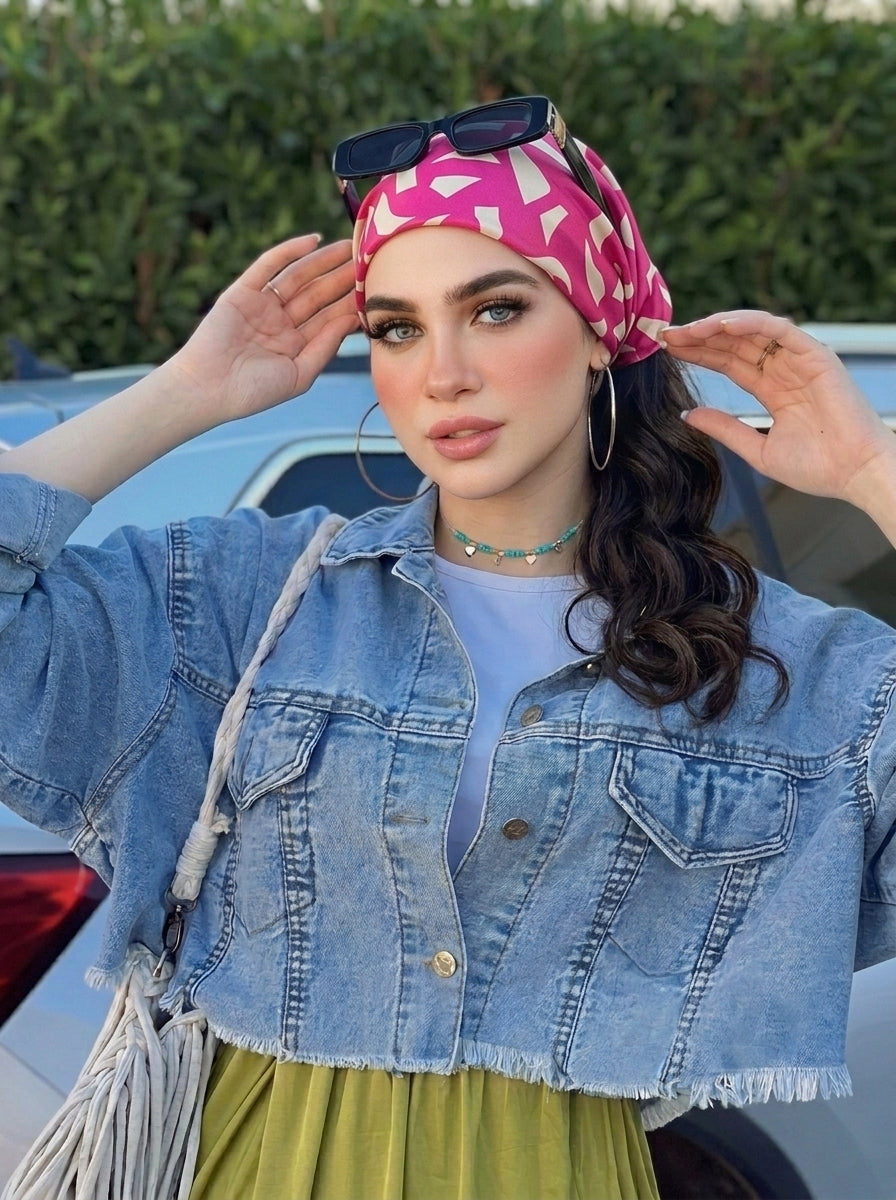 Vibrant Pink Mosaic Hair Bandana Headband – Elastic Hair Wrap Kerchief