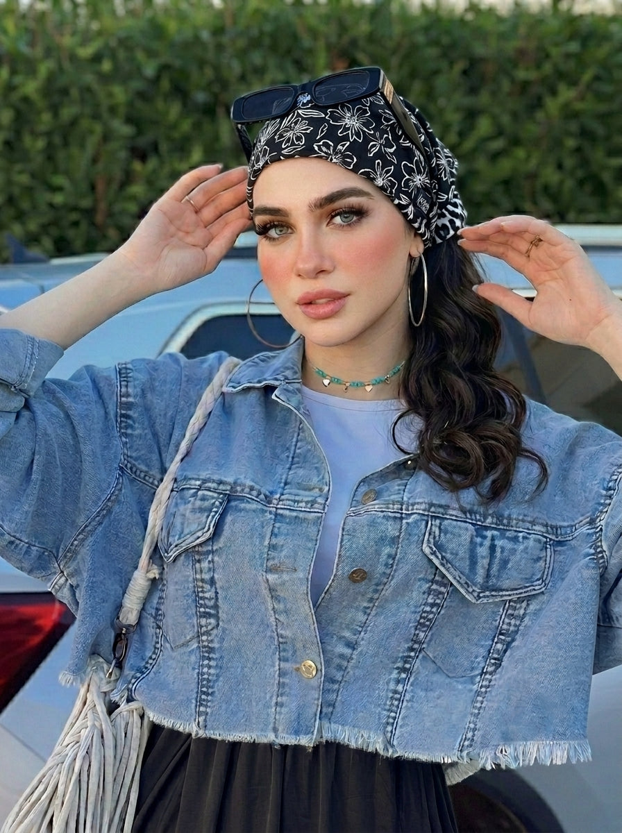 Retro Floral Outline Print Hair Bandana – Boho Elastic Headband & Head Wrap