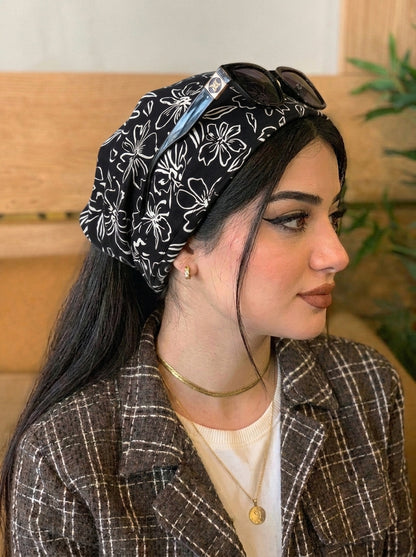 Retro Floral Outline Print Hair Bandana – Boho Elastic Headband & Head Wrap