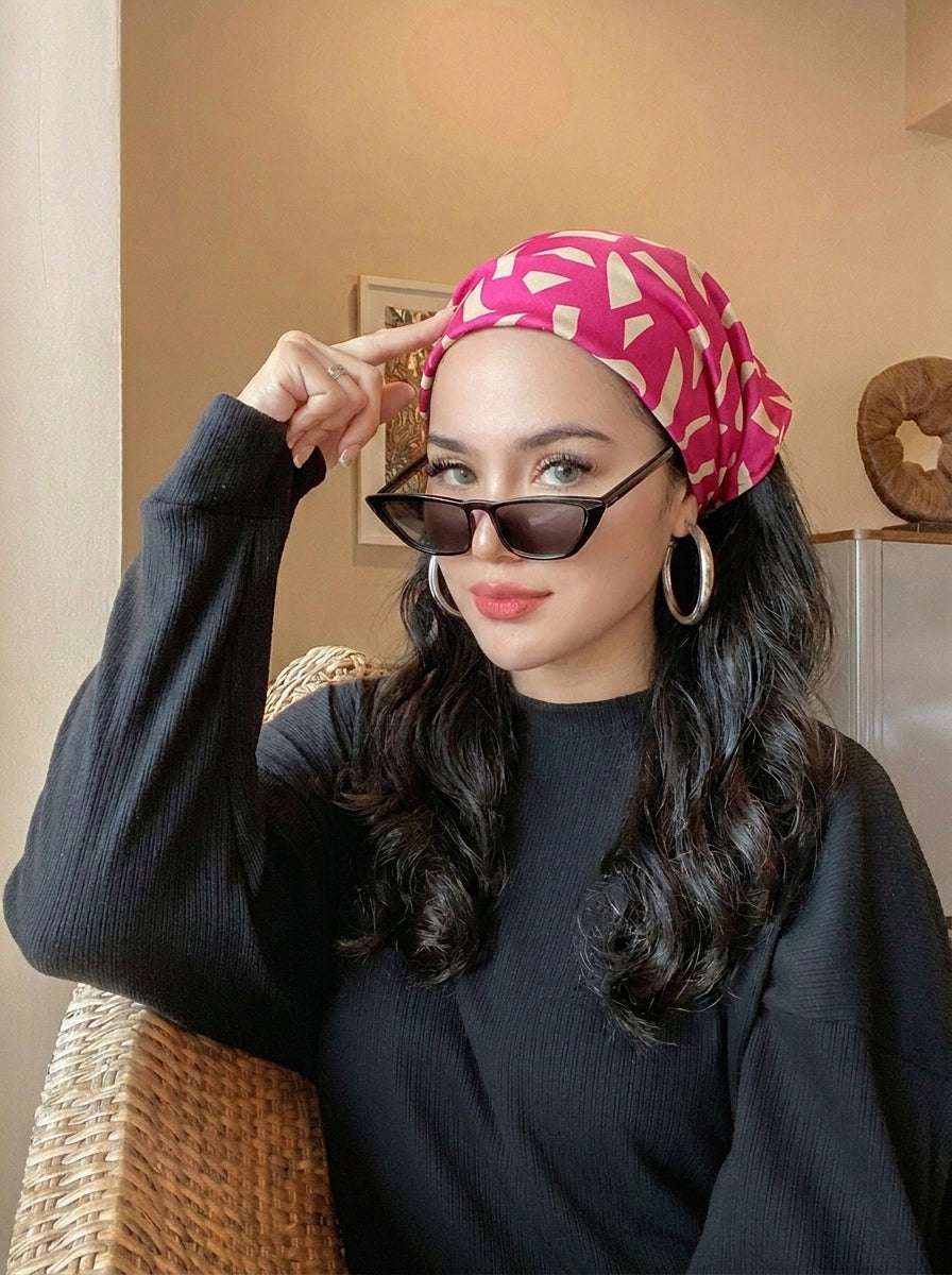 Vibrant Pink Mosaic Hair Bandana Headband – Elastic Hair Wrap Kerchief